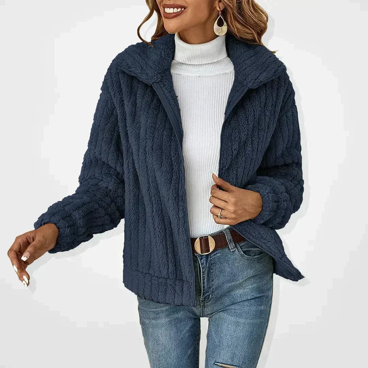 Navy plush knit cardigan with a wide fold-over collar