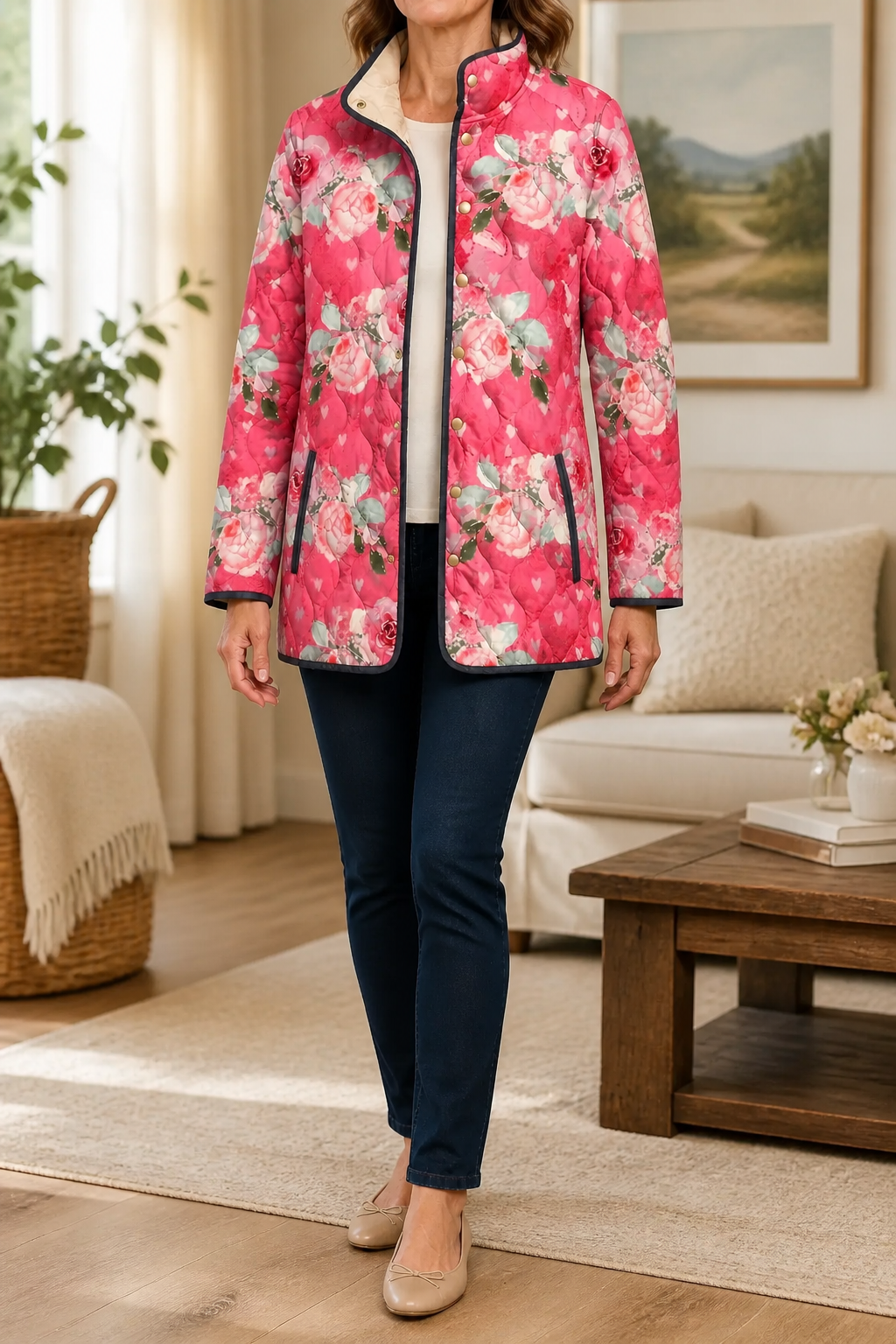 Pink rose print quilted jacket worn indoors with dark jeans