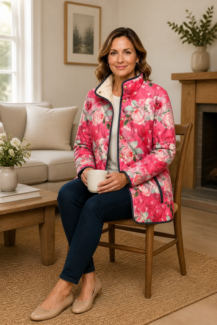 Woman with a mug in a pink rose print quilted stand collar jacket