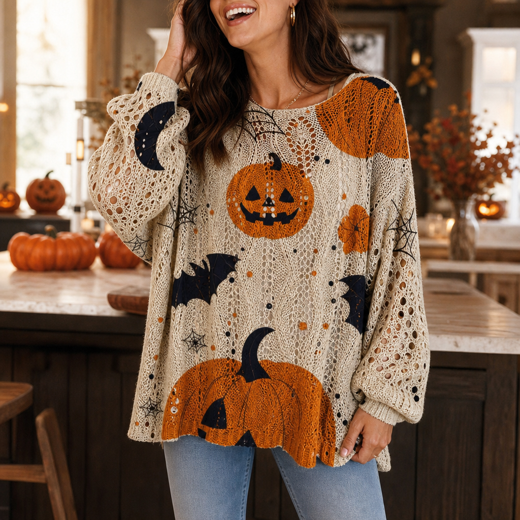 Woman in a cream open knit sweater with orange pumpkins, black bats and spiderwebs in a kitchen