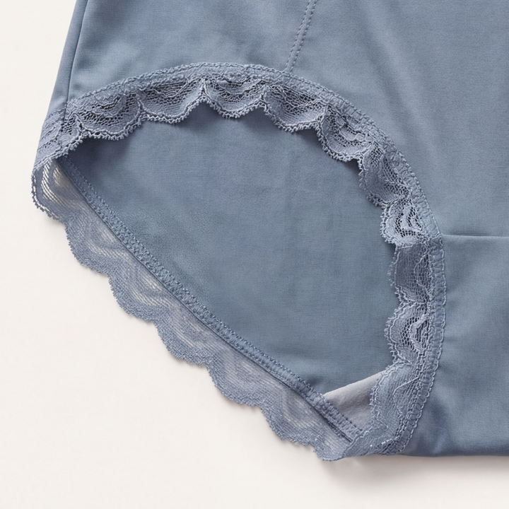 Scalloped lace leg edge on slate blue briefs