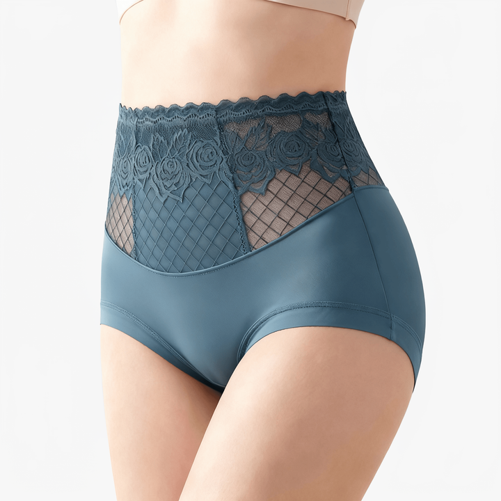 Teal high-waist briefs with a quilted lace front panel