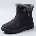 Black quilted winter ankle boots with grey faux fur collars