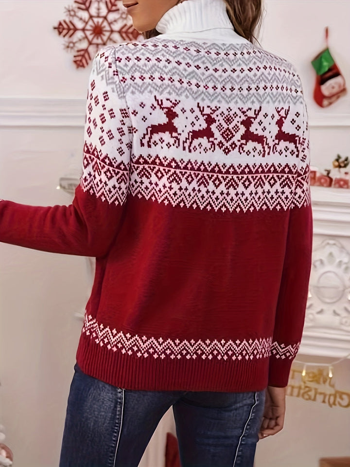 Back view of a burgundy fair isle turtleneck sweater with reindeer band