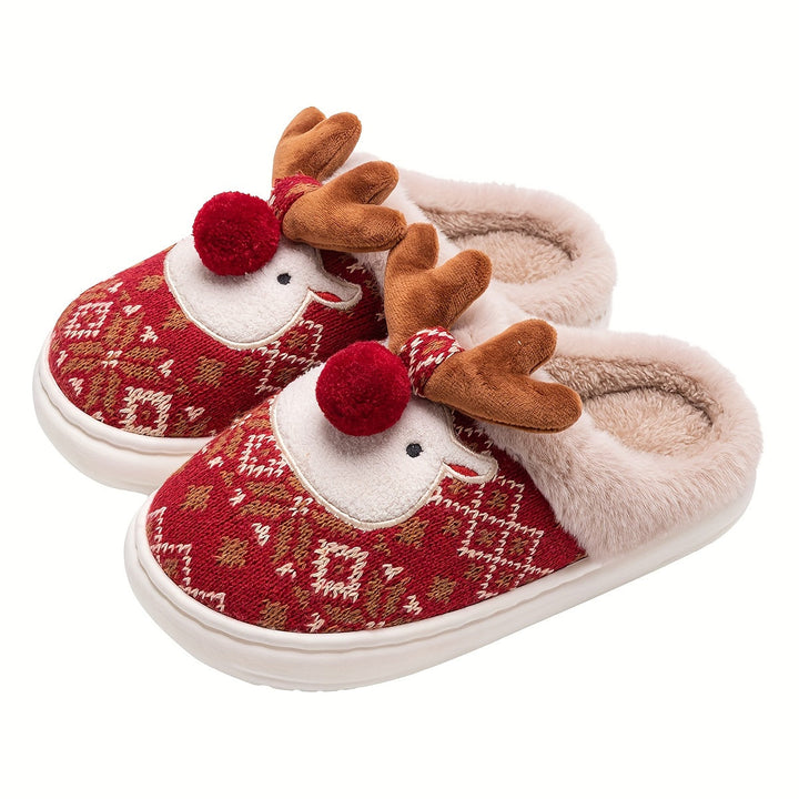 Pair of red knit reindeer slippers with antlers, pompom nose and faux fur trim
