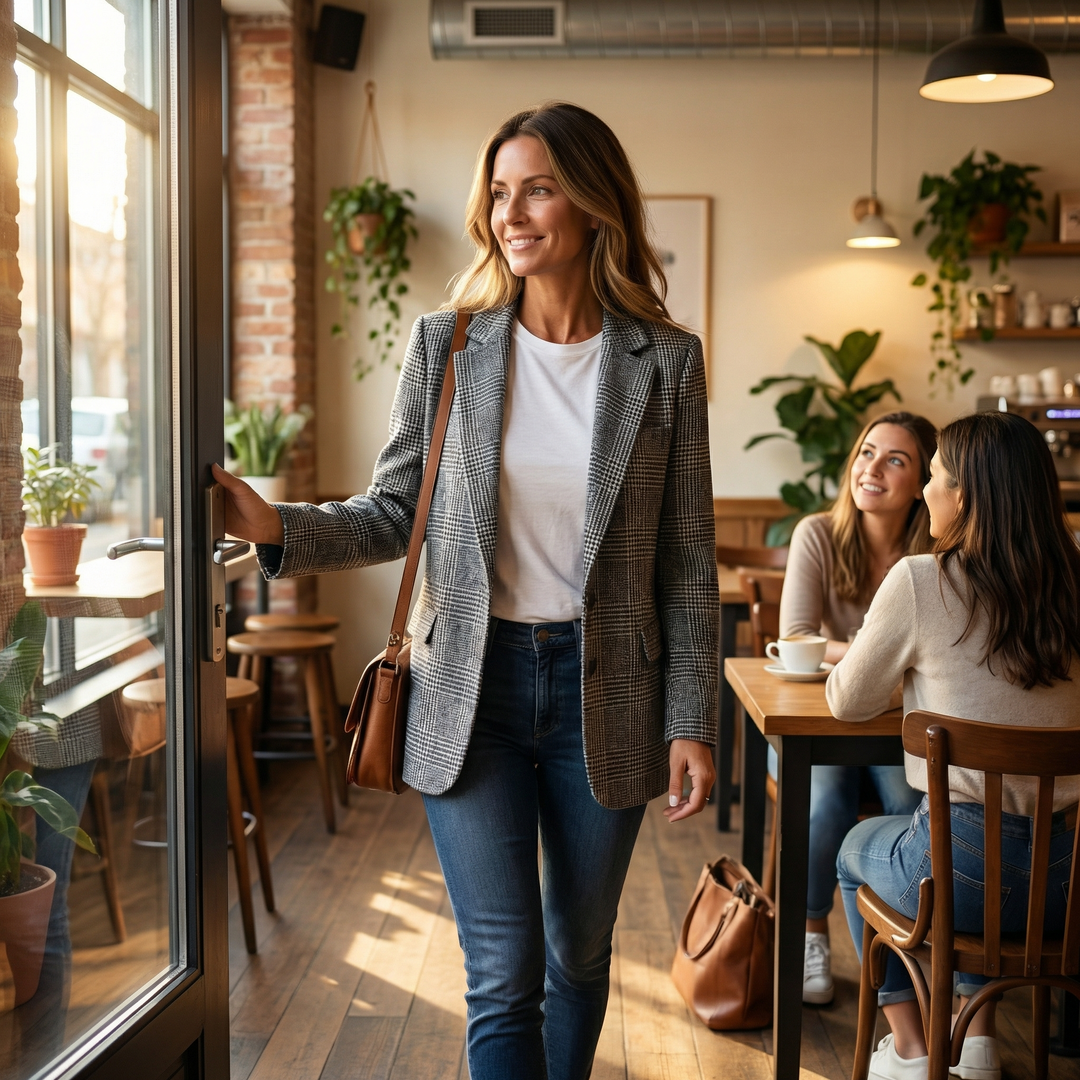 Woman in a cafe wearing a grey plaid lapel blazer with jeans