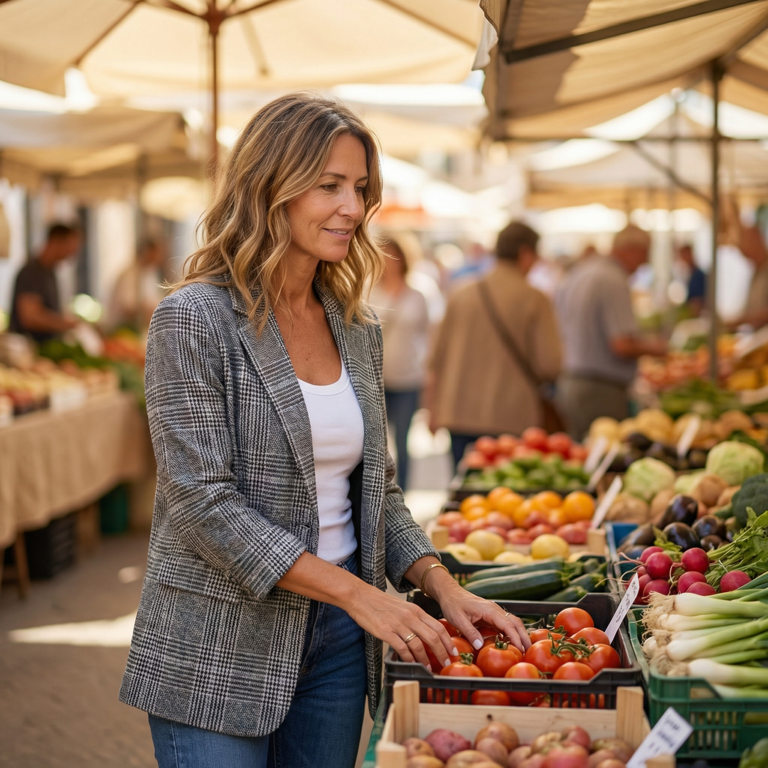 Woman at a market stall in a grey plaid relaxed blazer