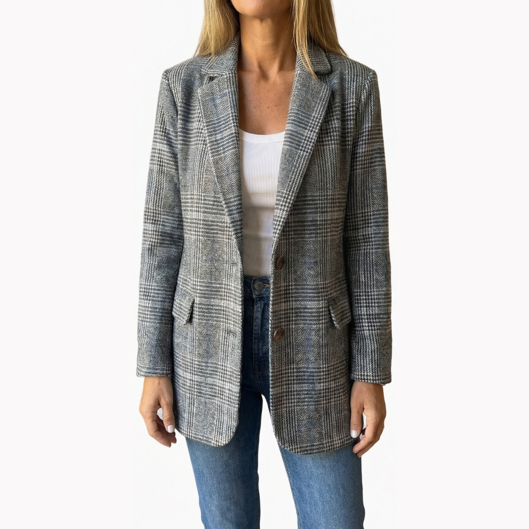 Grey plaid relaxed blazer with notch lapels and flap pockets