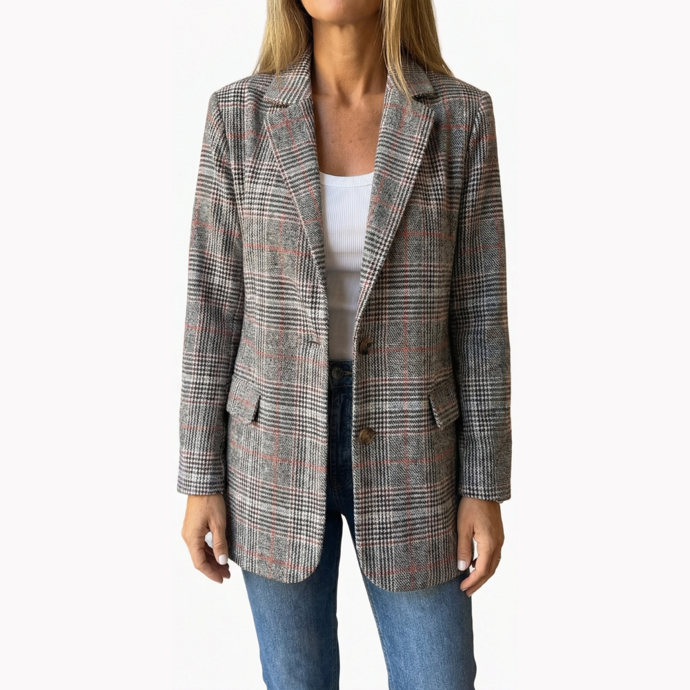 Grey and pink plaid lapel blazer worn open over a white top