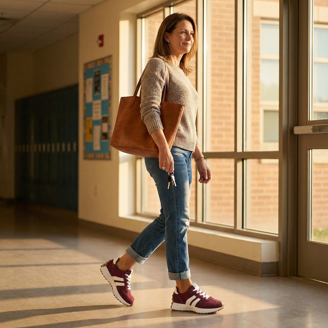 Burgundy side stripe sneakers worn with rolled jeans, walking through a sunlit hallway