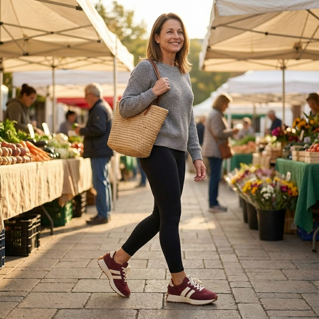 Woman walking through an outdoor market in burgundy side stripe sneakers and black leggings