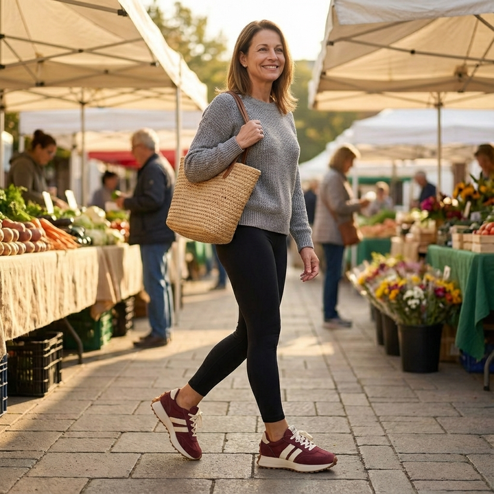 Woman walking through an outdoor market in burgundy side stripe sneakers and black leggings