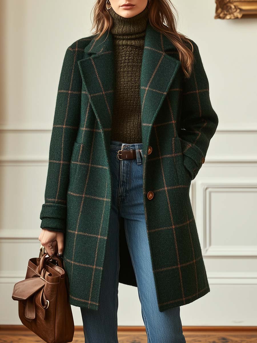 Green windowpane check lapel coat worn over jeans with a tan bag