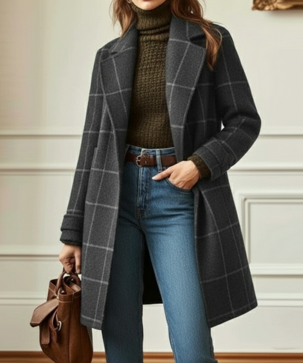 Grey windowpane check lapel coat worn over jeans with a tan bag