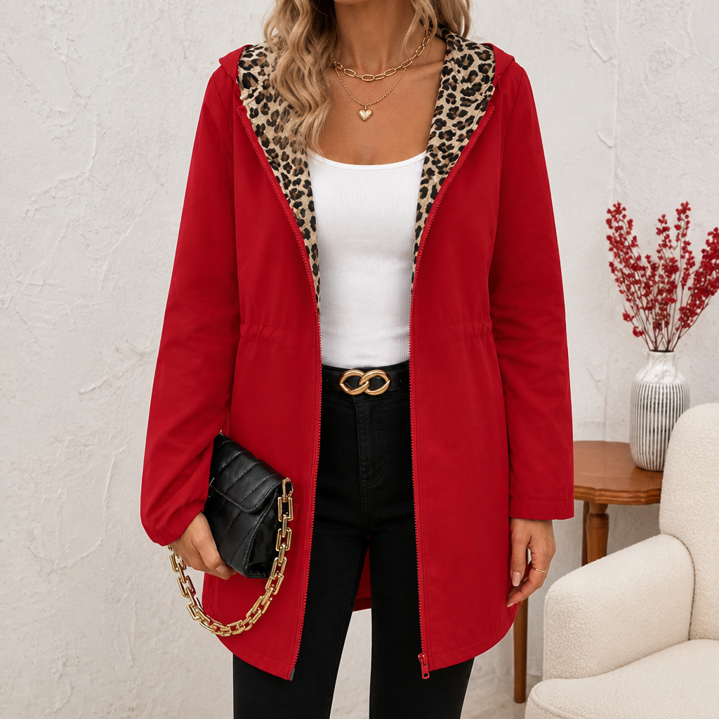 Red hooded coat with a leopard print lining and zip front