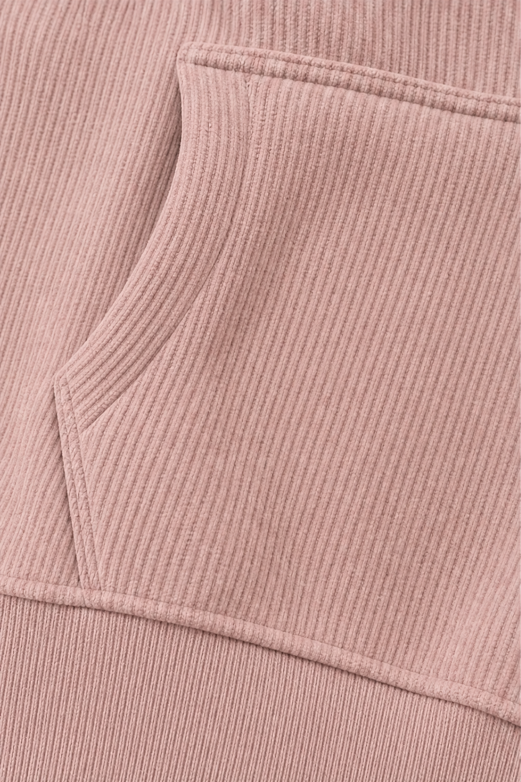 Kangaroo pocket and ribbed hem on a mauve corduroy look hoodie