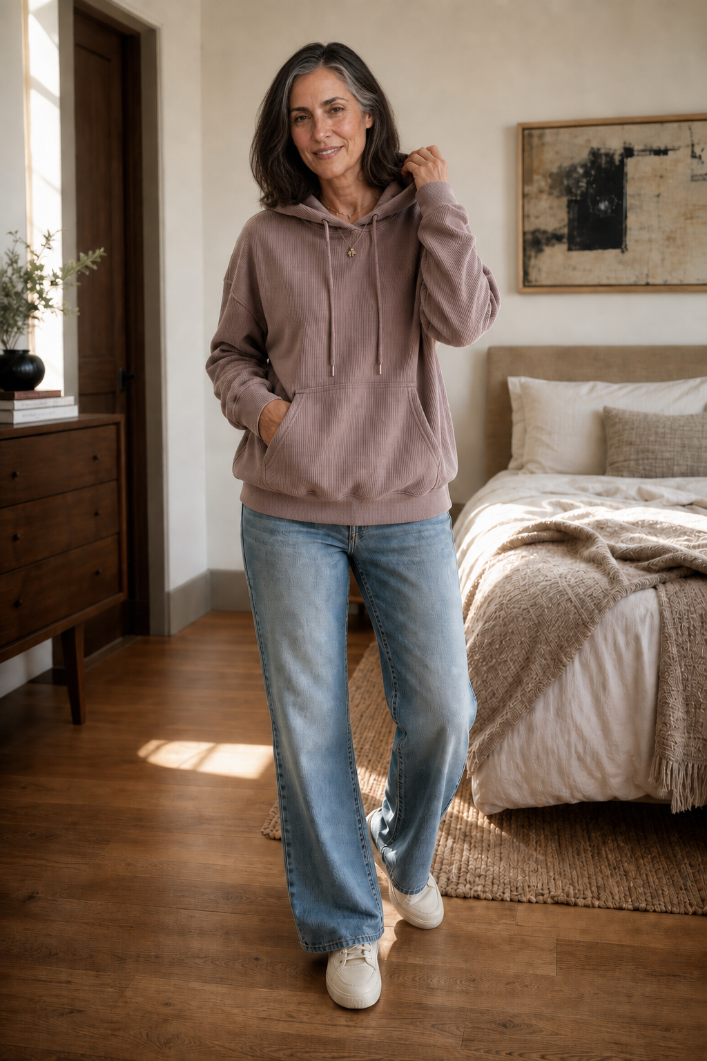 Woman in a bedroom in a mauve ribbed corduroy look hoodie