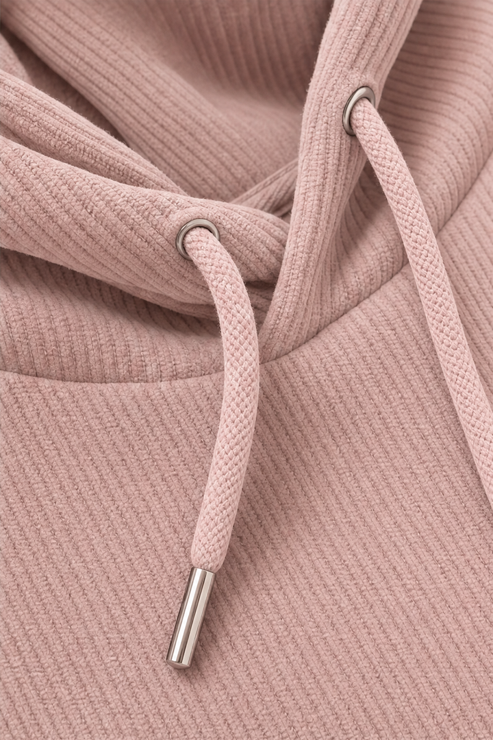 Drawstring and metal tip detail on a mauve ribbed hoodie