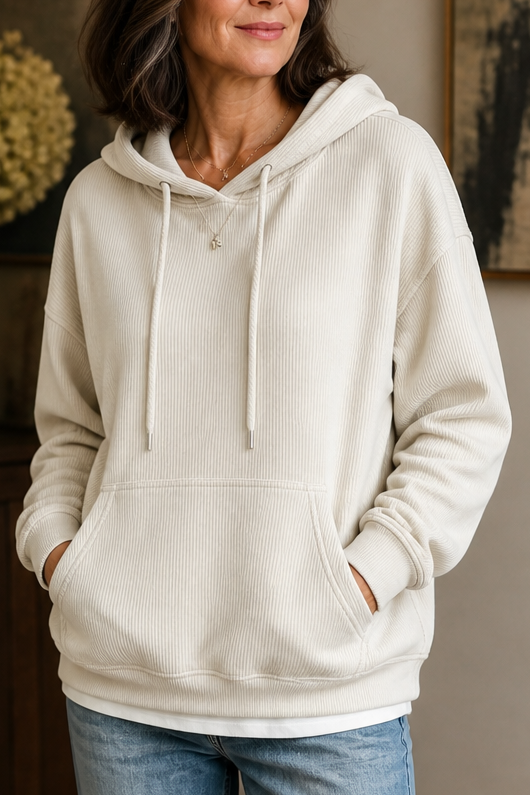 Cream ribbed corduroy look hoodie with a pouch pocket and jeans