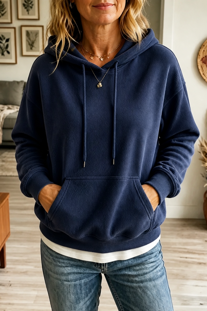Navy ribbed corduroy look hoodie with a kangaroo pocket