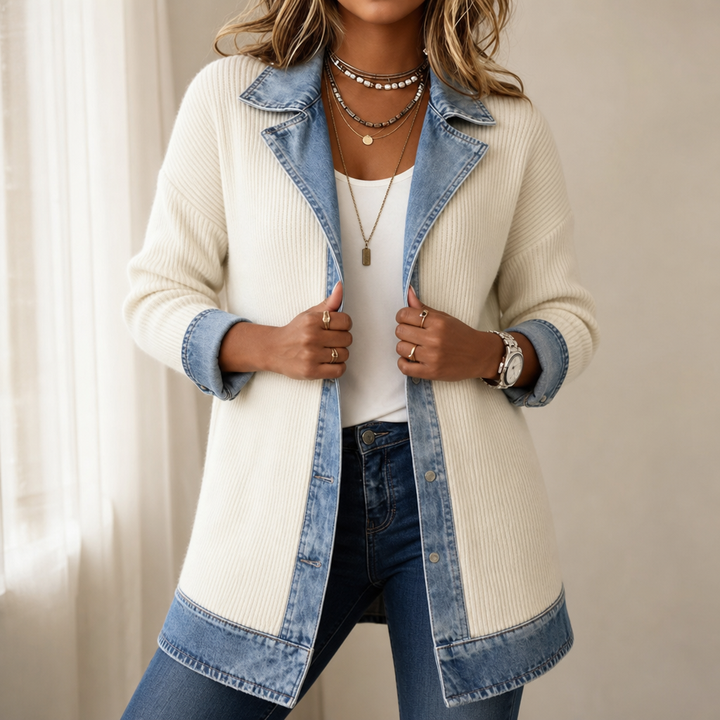 Cream denim panel knit coat worn open over a white top