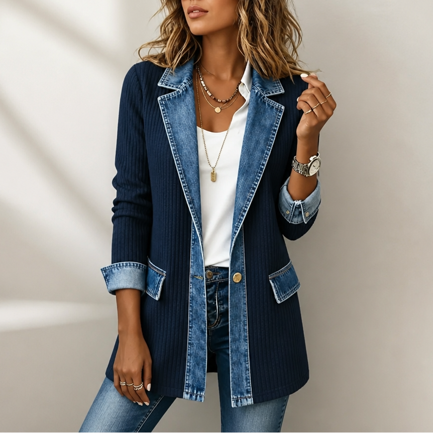 Navy ribbed knit coat with denim lapels and flap pockets