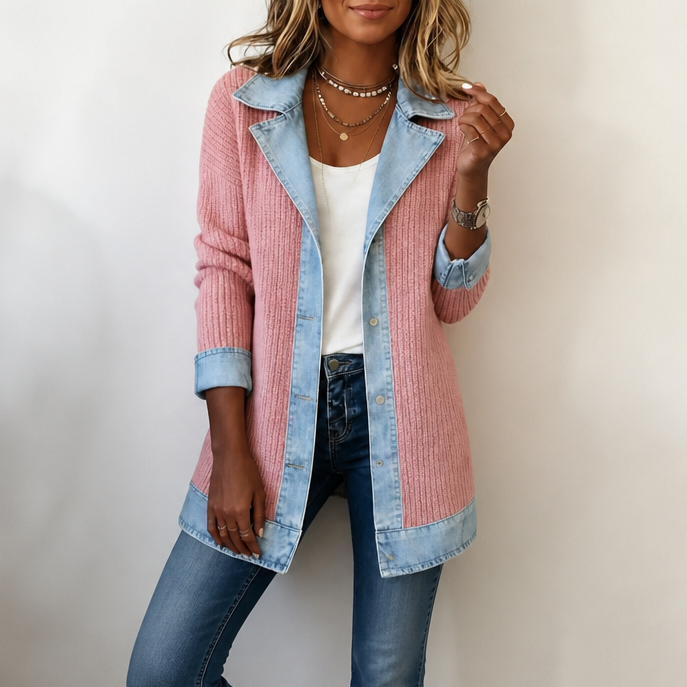 Pink ribbed knit coat with denim lapels and hem panels