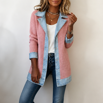 Ribbed Knit Coat With Denim Panels