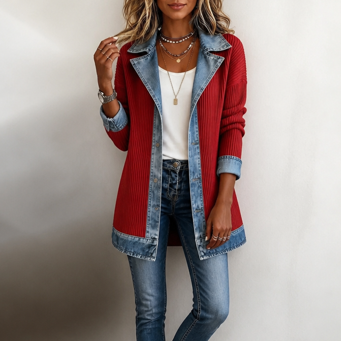 Red ribbed knit coat with denim lapels, cuffs and hem panels