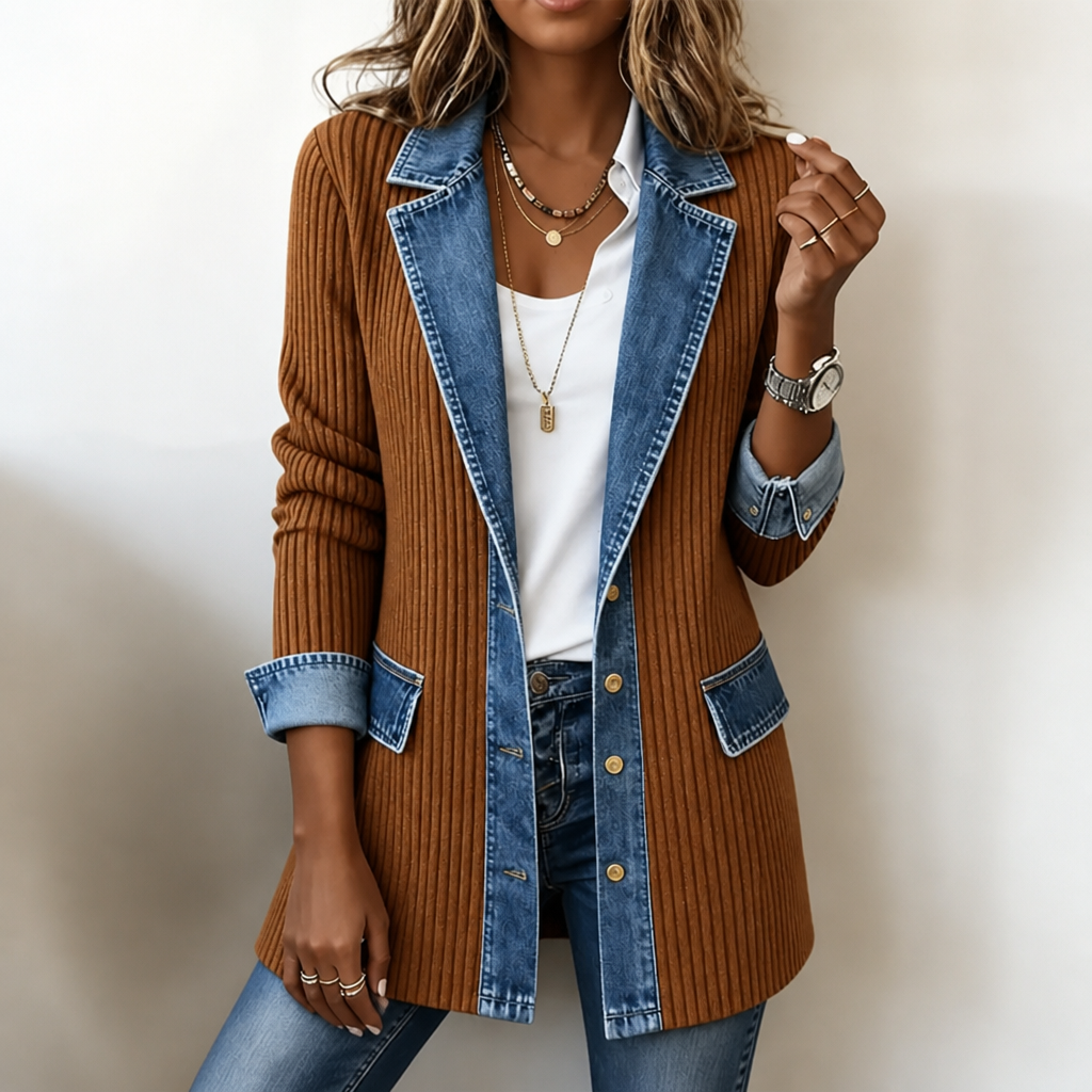 Rust brown ribbed knit coat with denim lapels and pockets