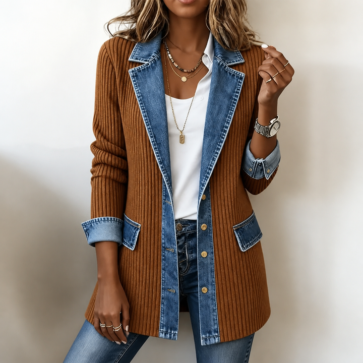 Rust brown ribbed knit coat with denim lapels and pockets