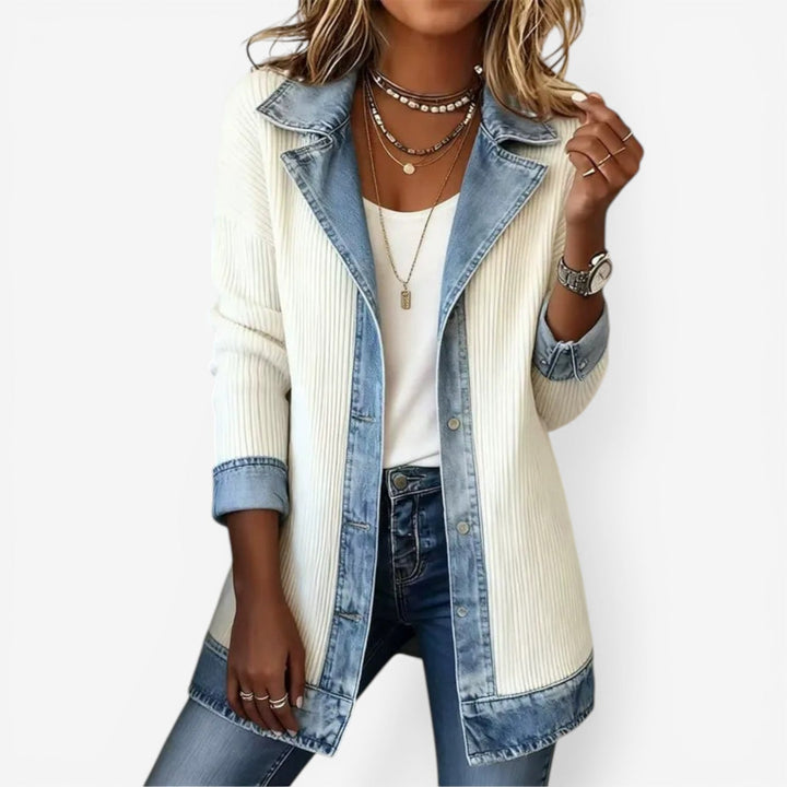 Ribbed Knit Jacket with Denim Trim