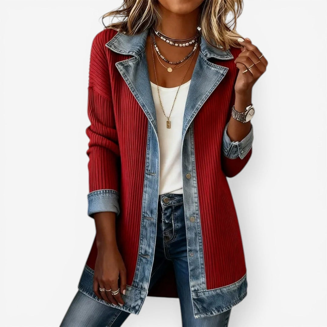 Ribbed Knit Jacket with Denim Trim