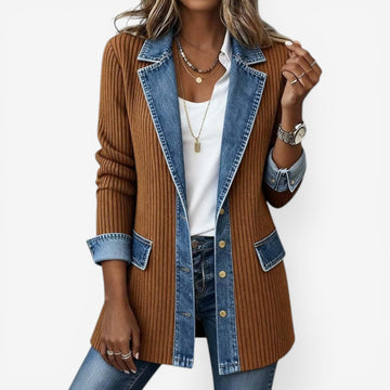 Ribbed Knit Jacket with Denim Trim
