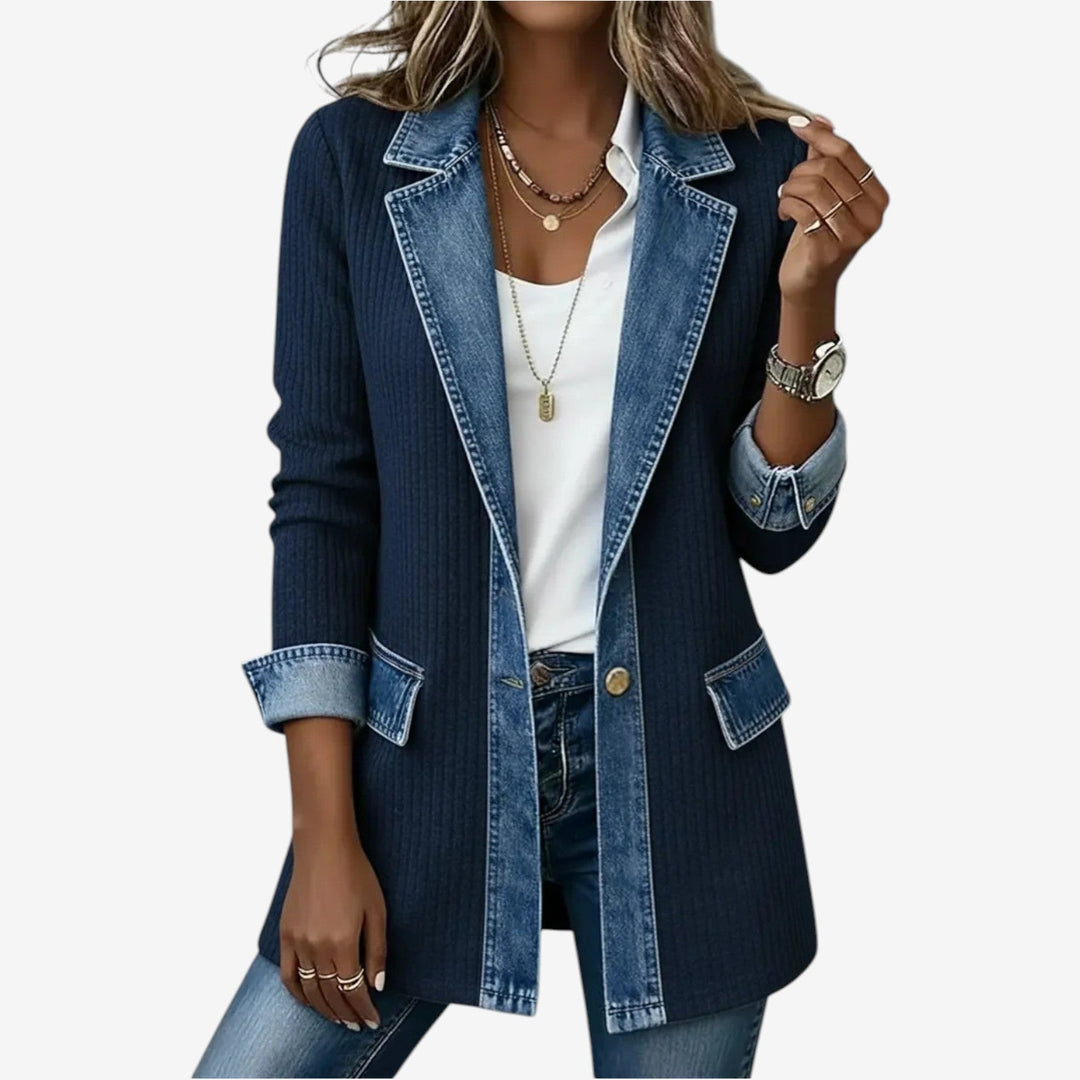 Navy ribbed knit jacket with denim collar, cuffs and flap pockets