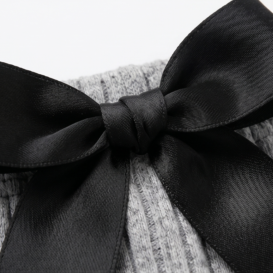 Close-up of the black satin bow on the grey cami
