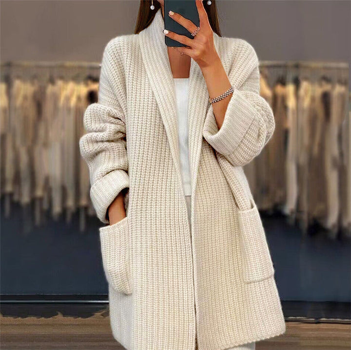 Cream ribbed knit open front cardigan with patch pockets