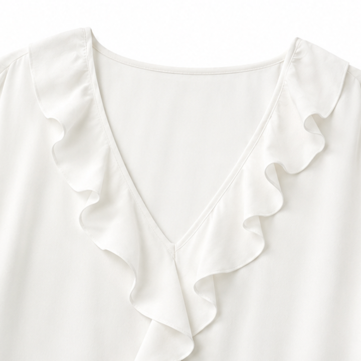 Close up of a white blouse V neckline with a soft ruffle trim placket