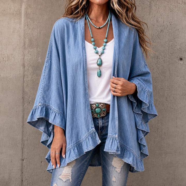 Ruffle trim denim cardigan worn open over a white top