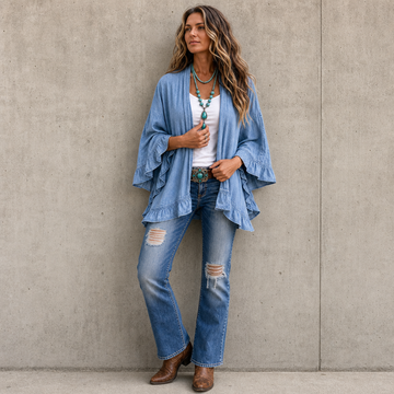 Ruffle Trim Open Front Denim Cardigan