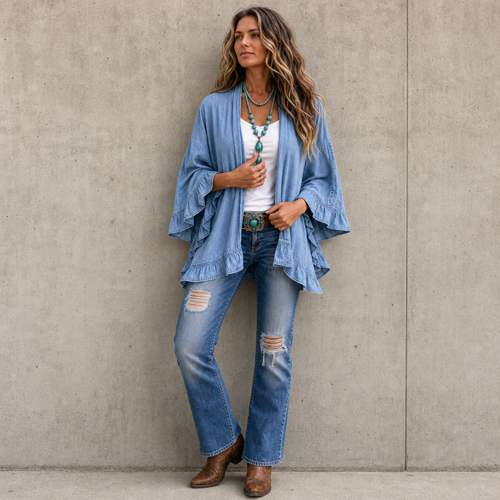 Denim ruffle cardigan worn with flared jeans and ankle boots