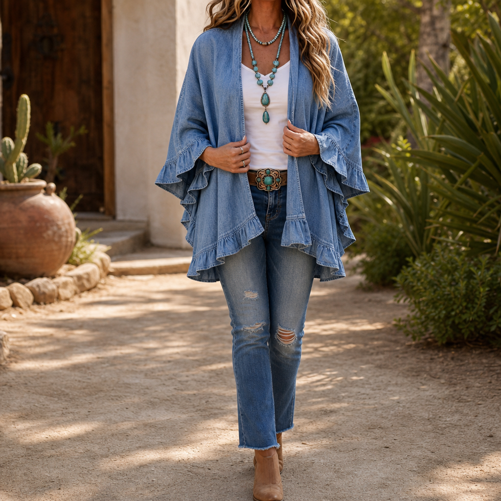 Woman on a garden path in a denim ruffle trim cardigan