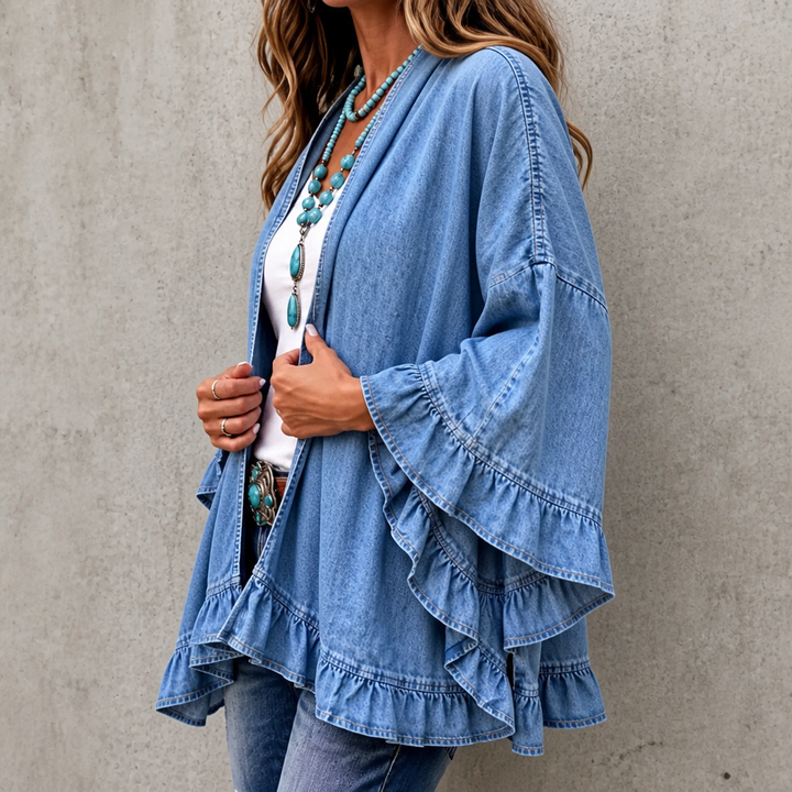 Light blue denim cardigan with ruffled hem and wide sleeves