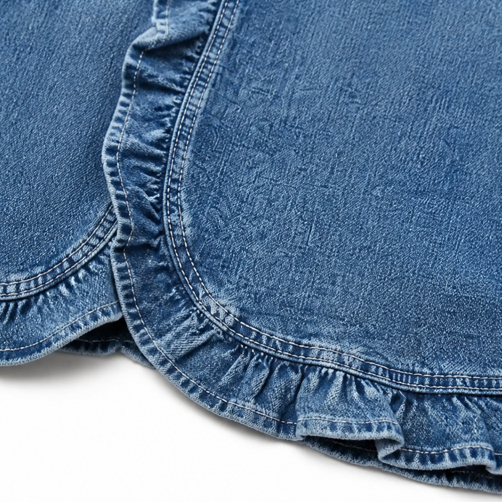 Ruffled curved hem detail on a blue denim jacket