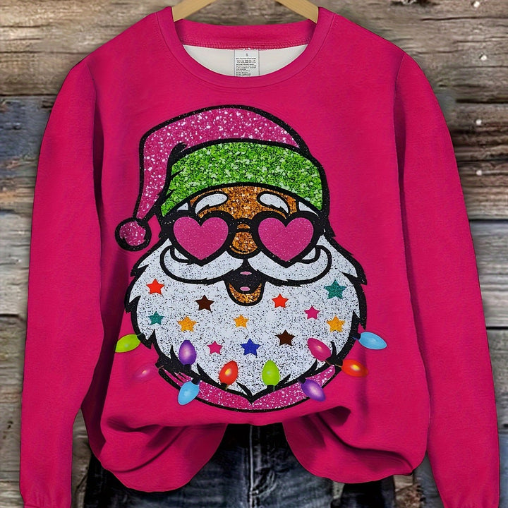 Hot pink sweatshirt with a Santa in heart sunglasses and string lights