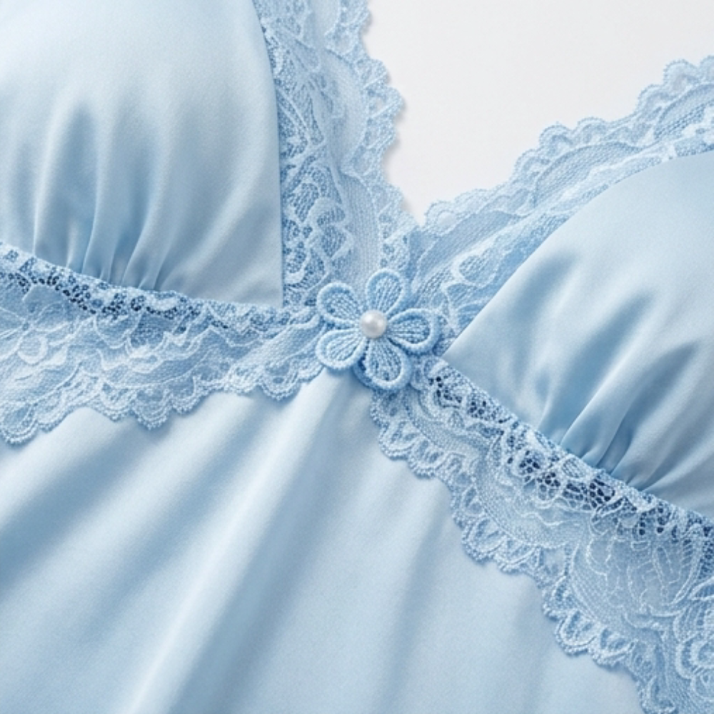 Close-up of the lace bust and pearl flower trim