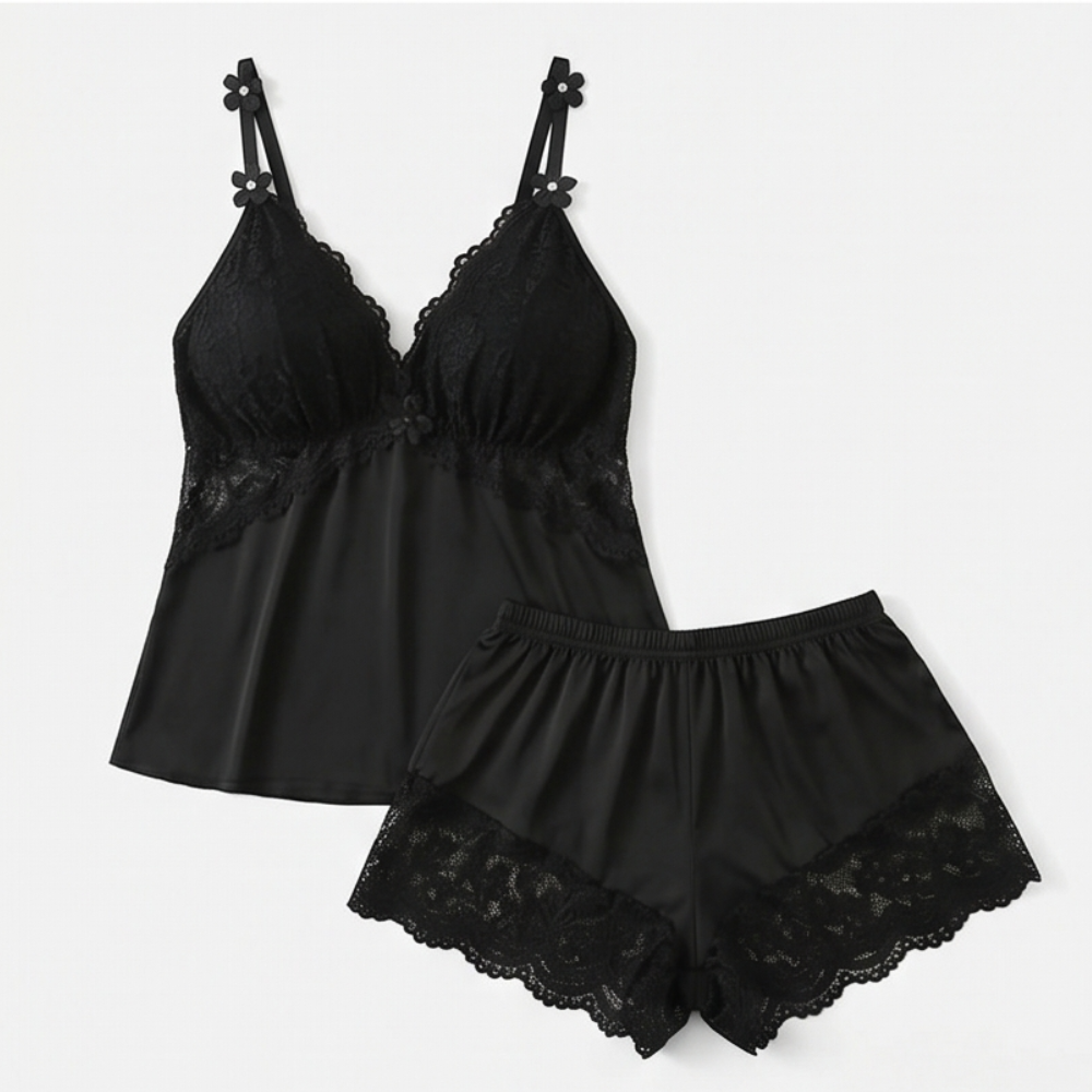Black satin lace-bust cami and shorts set laid flat
