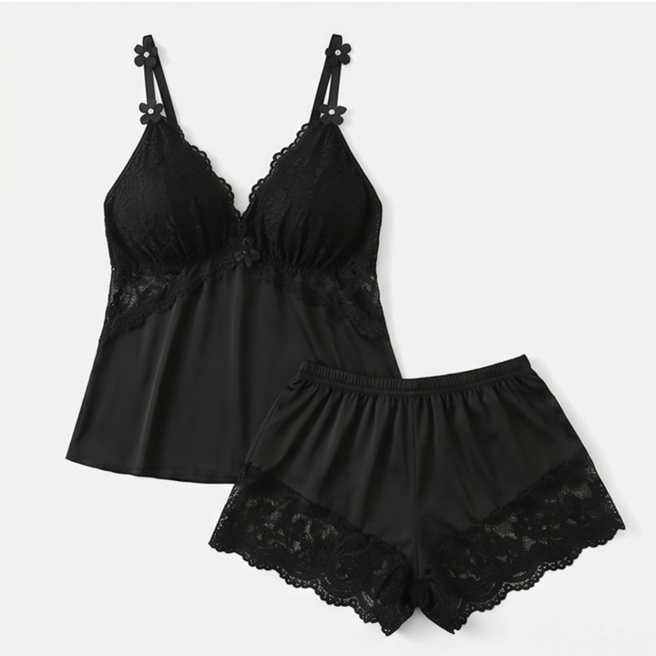 Black satin lace-bust cami and shorts set laid flat