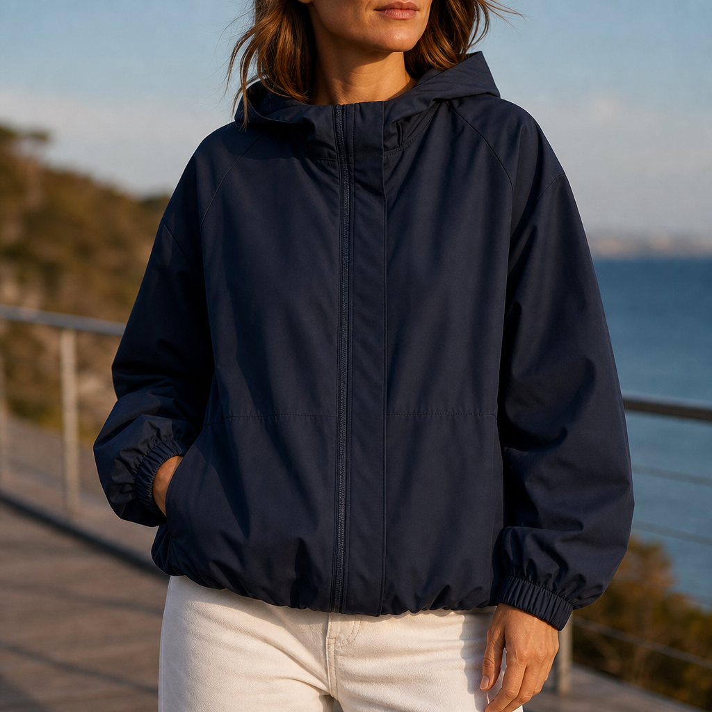 Navy balloon hem windbreaker worn with cream jeans by the sea
