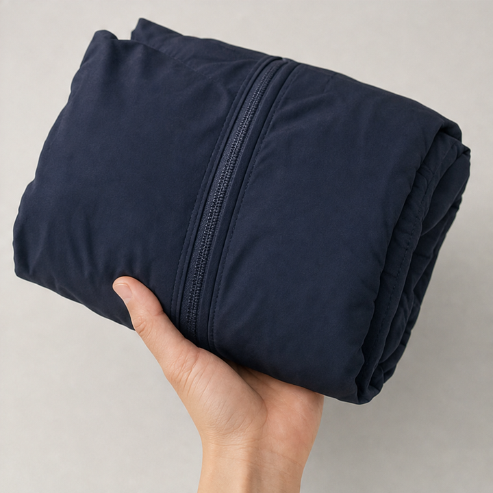 Navy windbreaker folded into a hand sized bundle